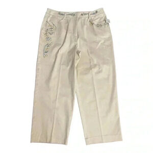 Talbots Petite Khaki Blue Beaded Floral Cropped Capri Pants Womens size 12 New